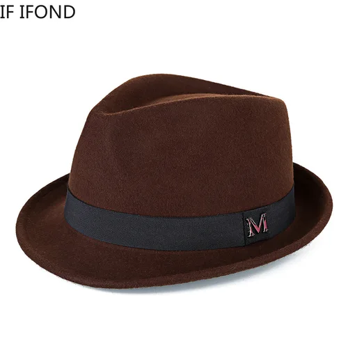 Imagen 2 del producto Sombreros Fedora de fieltro grueso y cálido para hombre, gorro de Jazz de lana para caballero, sombrero de copa clásico de ala estrecha Homburg para invierno