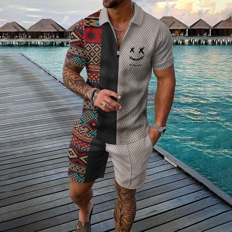 

Ethnic Style men's short-sleeved suit, Fashionable T-shirt And Shorts 2-piece set, Casual Zipper Polo shirt, Summer Loose Suit