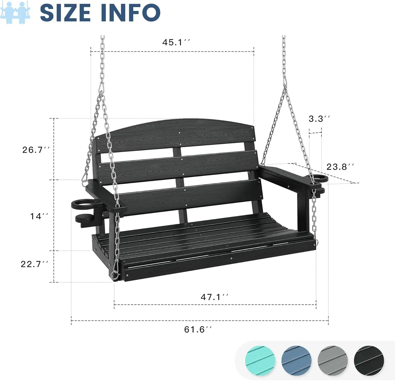 Dify Outdoor Patio Porch Swing, 2-Seat Hanging Swing Chair Bench With Cup Holders, All-Weather Hdpe Heavy Duty Porch Swing For