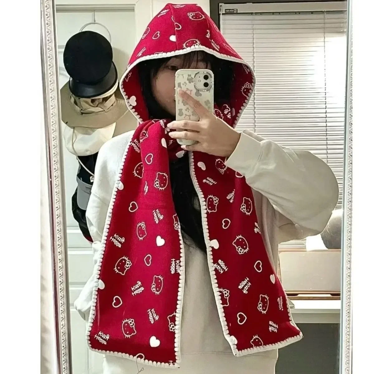 Miniso Hello Kitty Scarf Cute Printed Cotton Hat Scarf Combination Autumn Winter Cartoon Knitted Warm Windproof Shawl Neck