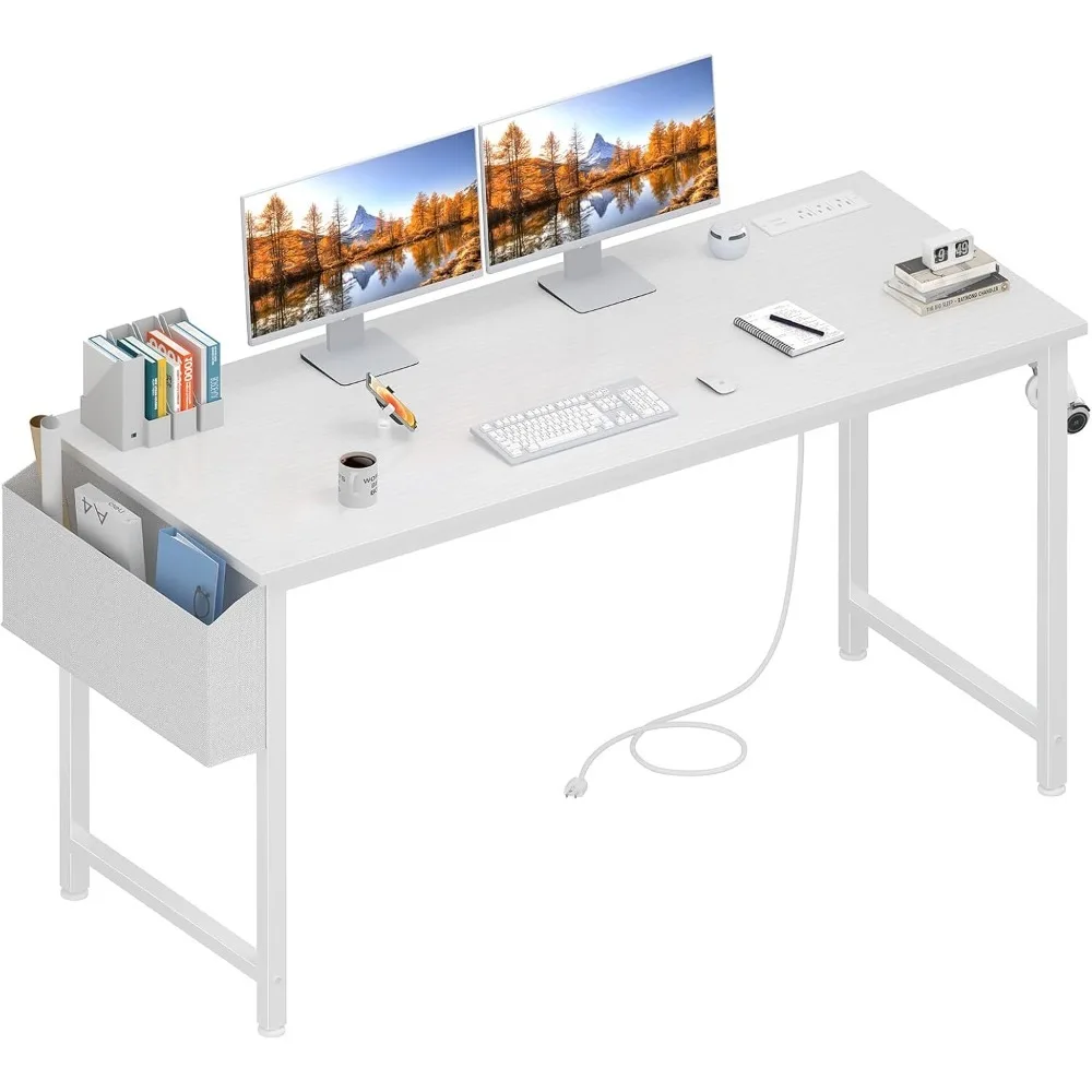 White Computer Desk with Power Outlet, 55 inch Teen Study Table Home Office Work Writing Gaming Desk, Computers Desks