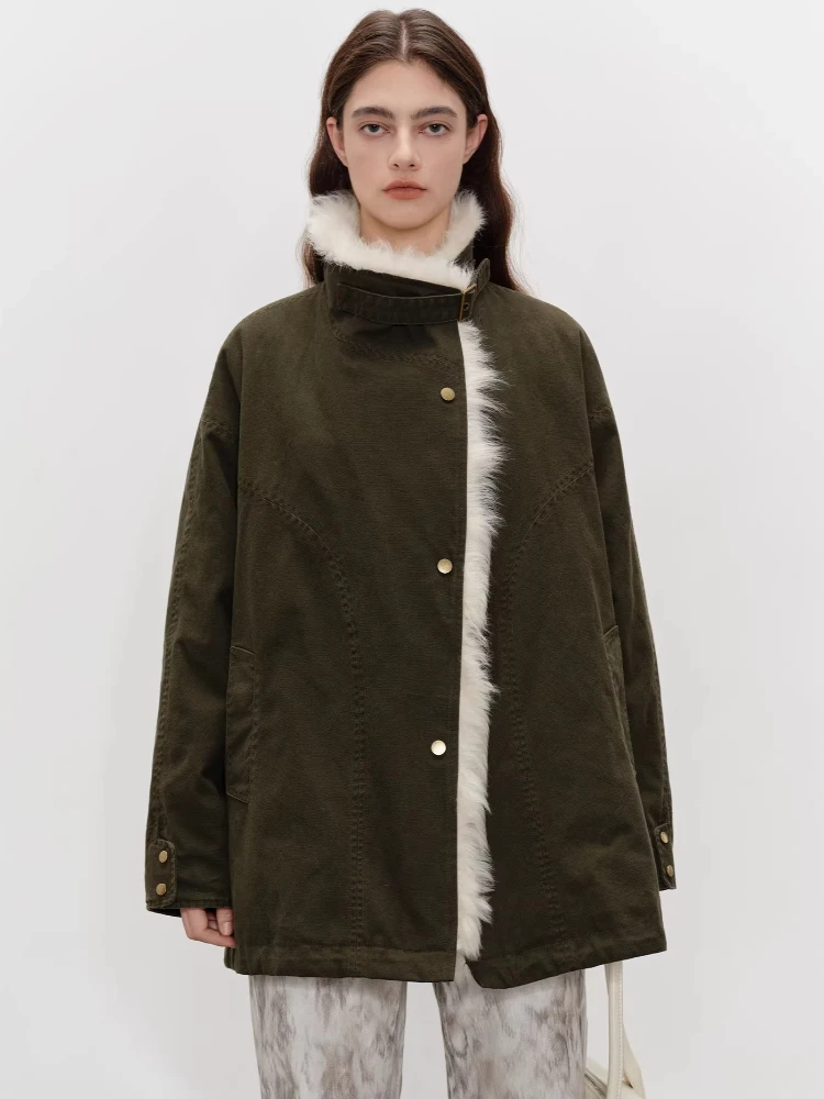 

Natural Lamb Fur Collar Goose Down Cargo Jackets for Women 2026 New High-end Simple Stand Collar Oversized Winter Down Coat