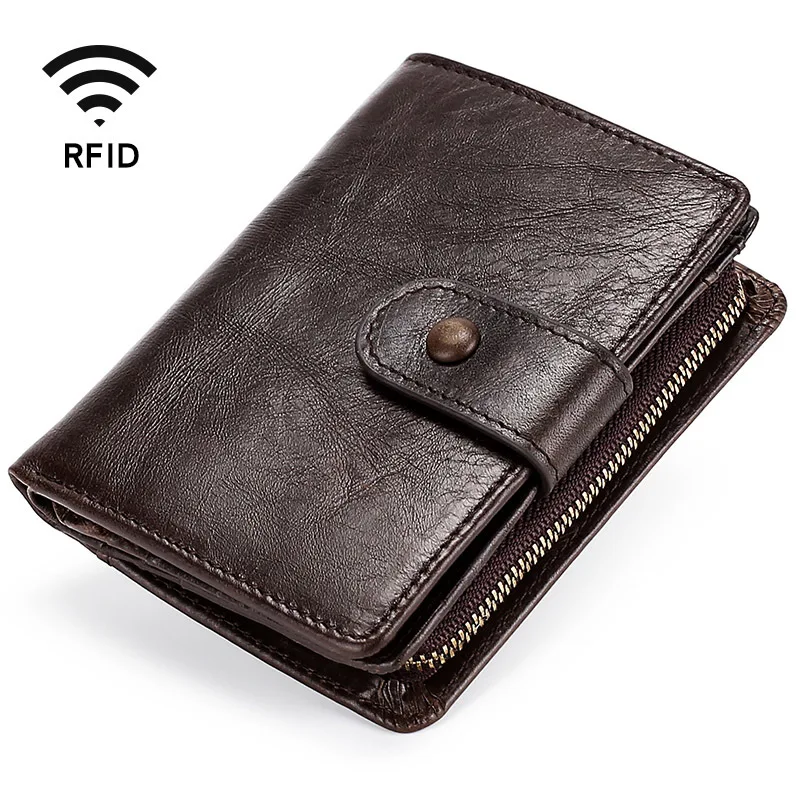 

Genuine Leather Men's Short Wallet RFID Casual Small Bifold Wallet Card Holder Hasp Zipper Coin Pocket Purse Male Money Bag