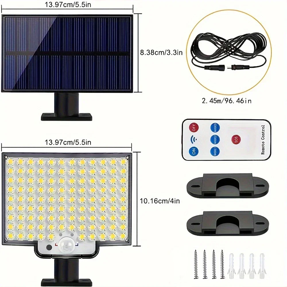106LED разделенный солнечный свет для улицы, водонепроницаемый с датчиком движения, прожектор с дистанционным управлением, 3 режима для патио, гаража, двора