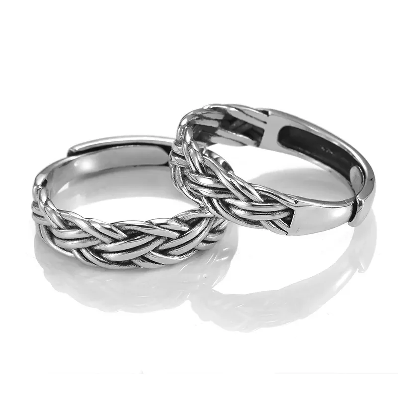 Retro Woven Twist Ring Pair Trendy Personality Cold Style Open Ring Fashionable Imitation Thai Silver Couple Rings For Men