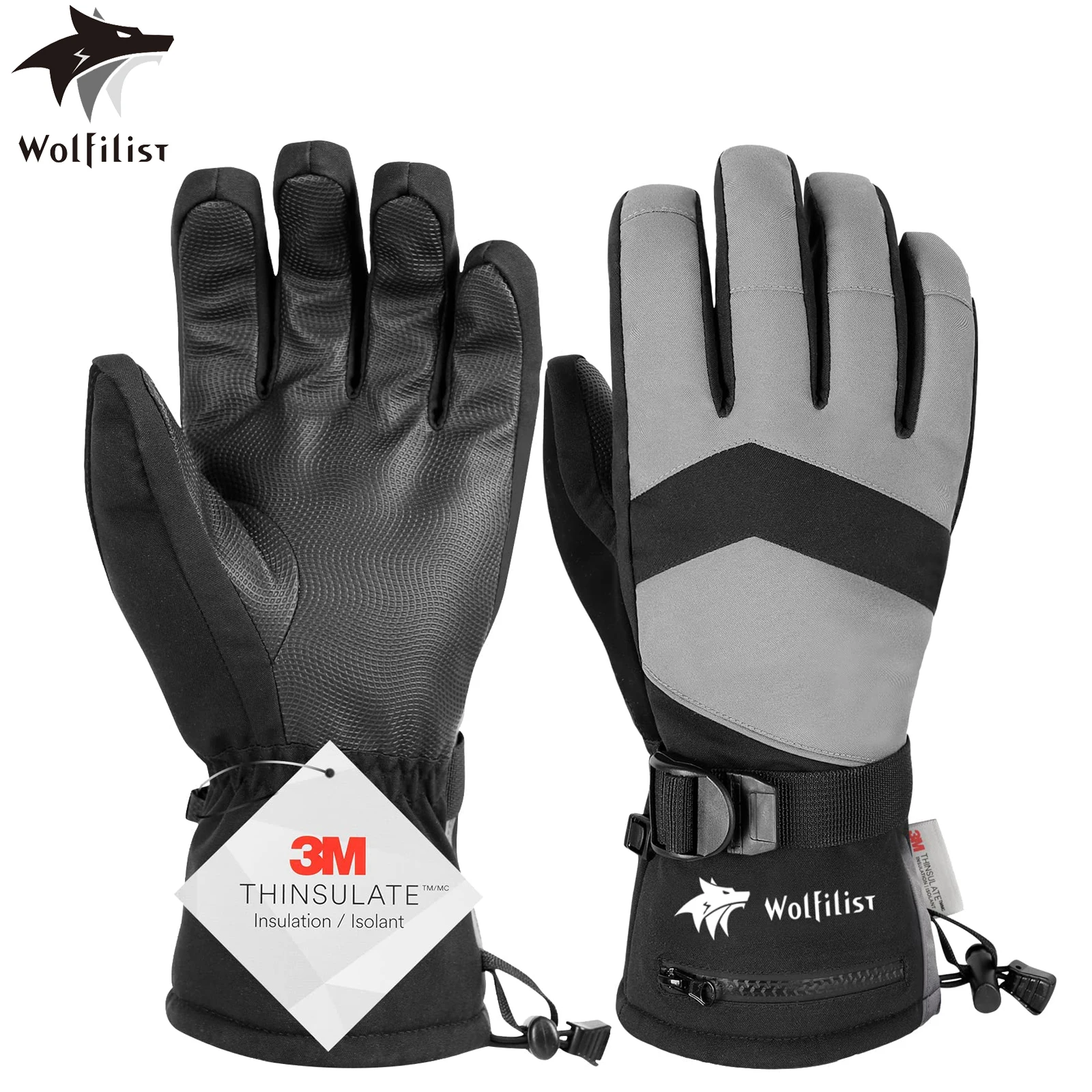 WOLFILIST Ski Gloves Waterproof Windproof - 3M Thinsulate Insulated Warm Snow Gloves with Zipper Pocket