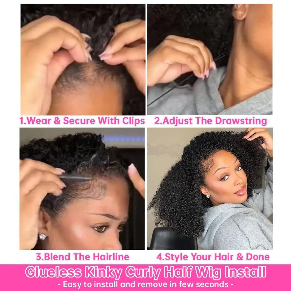 Kinky Curly Half Wig 250 Density Double Drawn Invisible Drawstring Machine Made Wigs Human Hair Ponytail Invisible Hairline Half Wig Natural Colored Ready To Wear Vietnamese Human Hair Wig 18 20 22 24 26 Inch Free Shipping