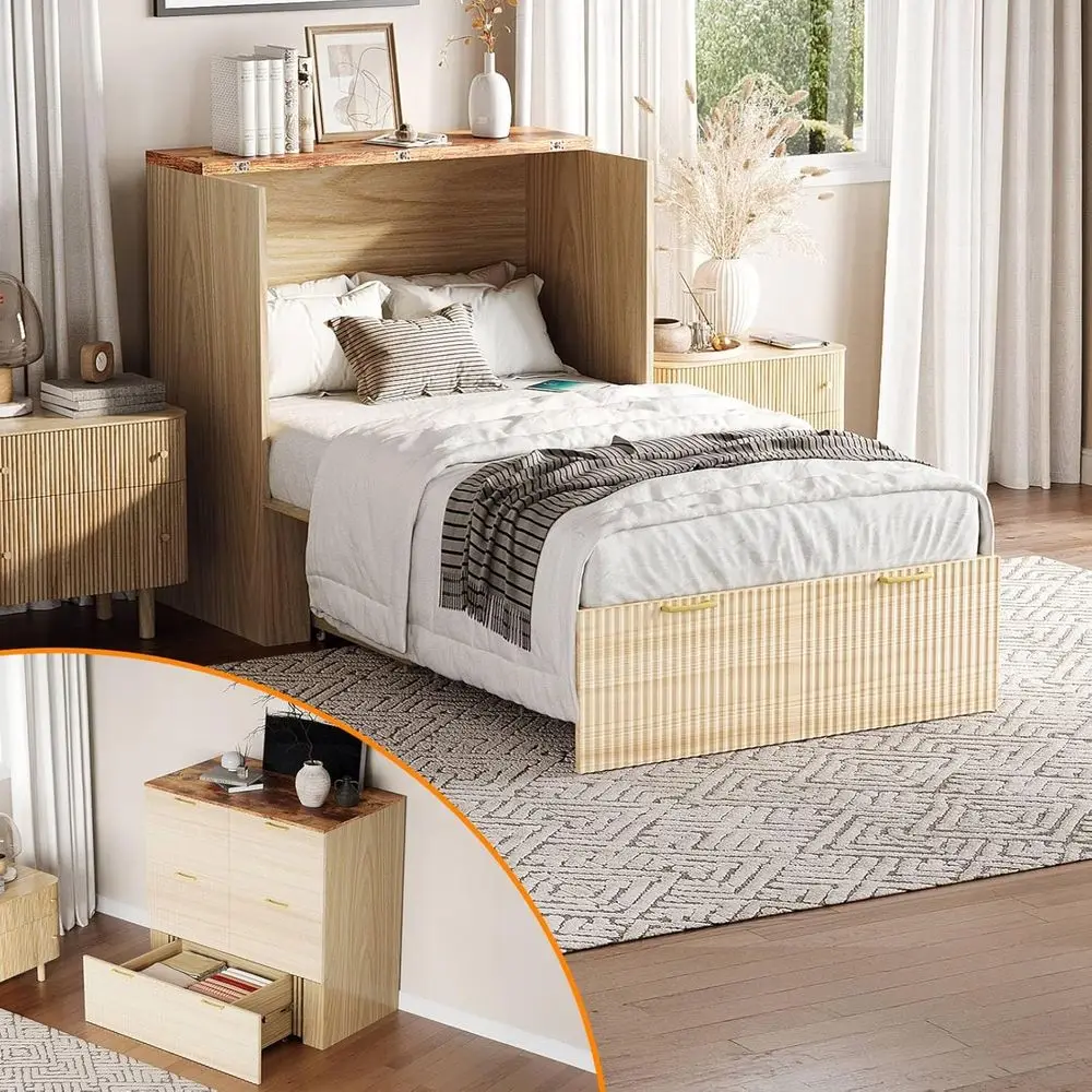 

VINGLI Twin Murphy Bed with Storage Der,luted Wooden oldable Bed Cabinet with Charging Station,Boho,Hideaway Paltorm Panel Bed o