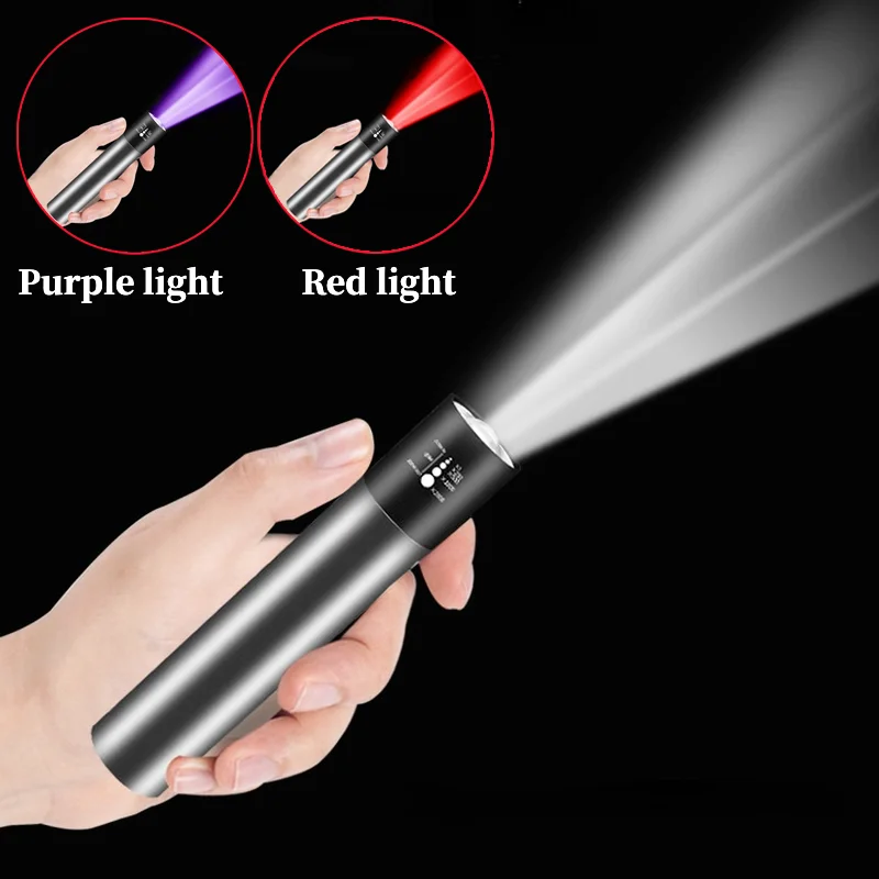 Portable LED UV Flashlight Ultraviolet Torch USB Rechargeable Zoom Function Mini White/red/purple Light