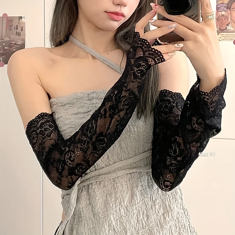 

Пара модных кружевных солнцезащитных рукавов для женщин, длинные солнцезащитные рукава, кружевные рукава с эффектом охлаждения.