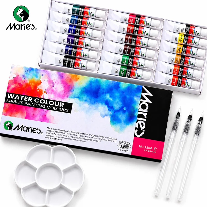 22-teiliges Marie's Aquarellfarben-Set, 18 Farben mit satten Pigmenten, 3 Wasserstifte, Palette für Künstler, Hobbyschüler (12ml/0,41fl.oz)