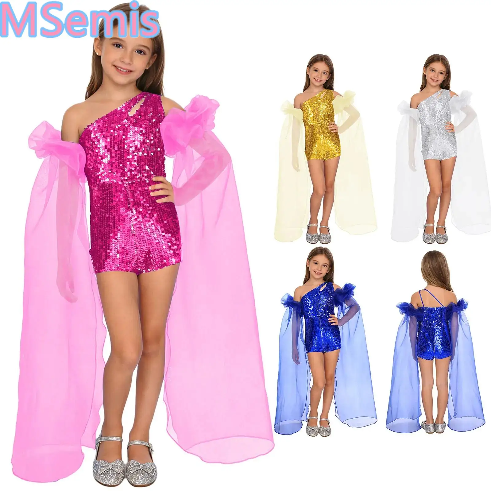 

Kids Girls Shiny Sequin Dance Rompers with Pair Detachable Puff Sleeves One Shoulders Keyhole Sleeveless Jumpsuit Party Wear