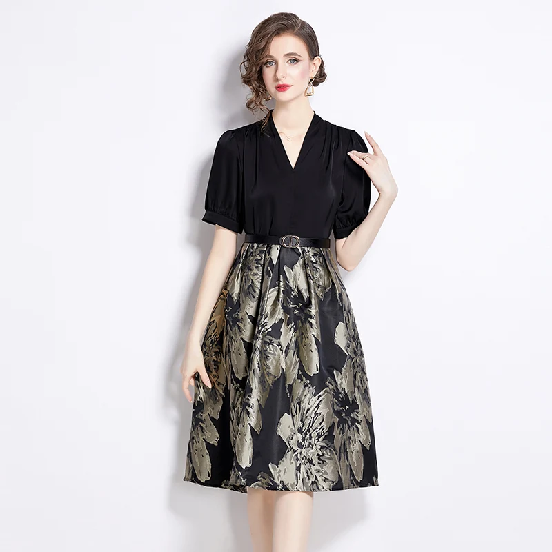 Summer Dress Office Lady Extravagant Designer French Patchwork Jacquard Waist Dress with Belt