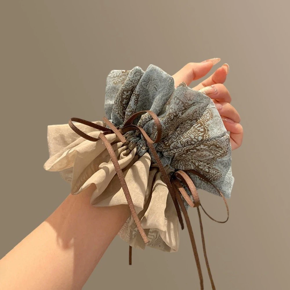 1pc Double-Layer Fabric Scrunchie Light Blue Patterned Beige Textiles Brown Ribbon Vintage Elegant Tones Detail Styles Accessory view 4