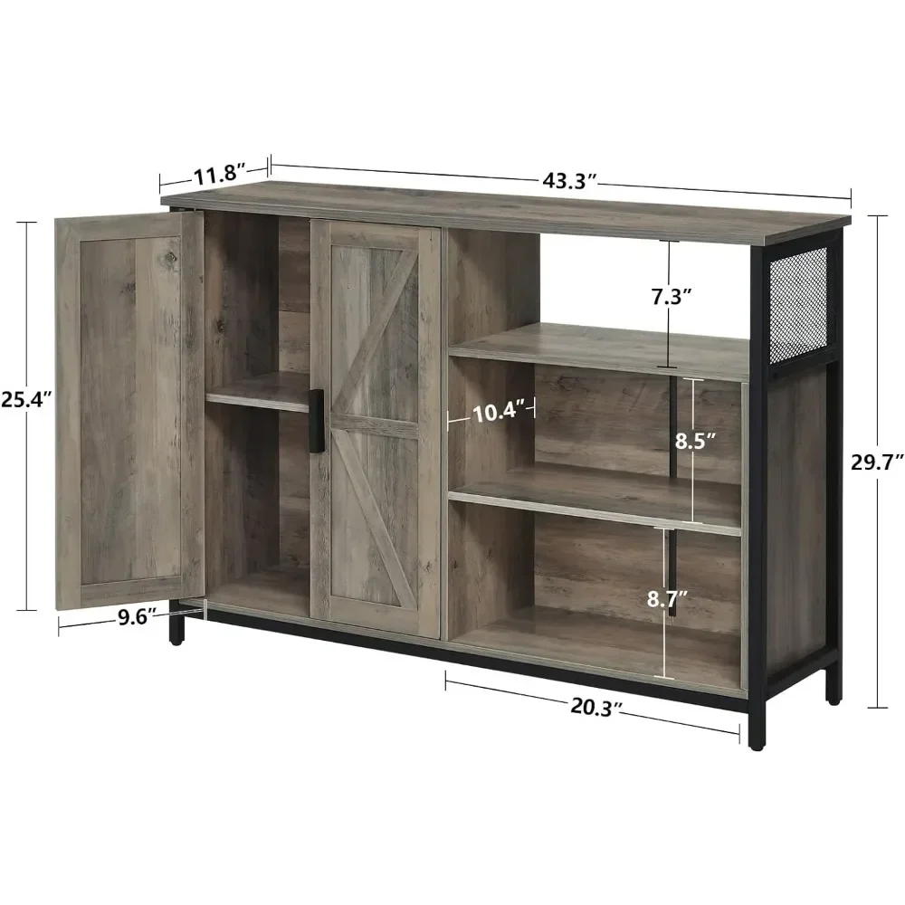 Armário de armazenamento com 2 portas de celeiro, Aparador industrial com prateleiras ajustáveis, Mesa Buffet