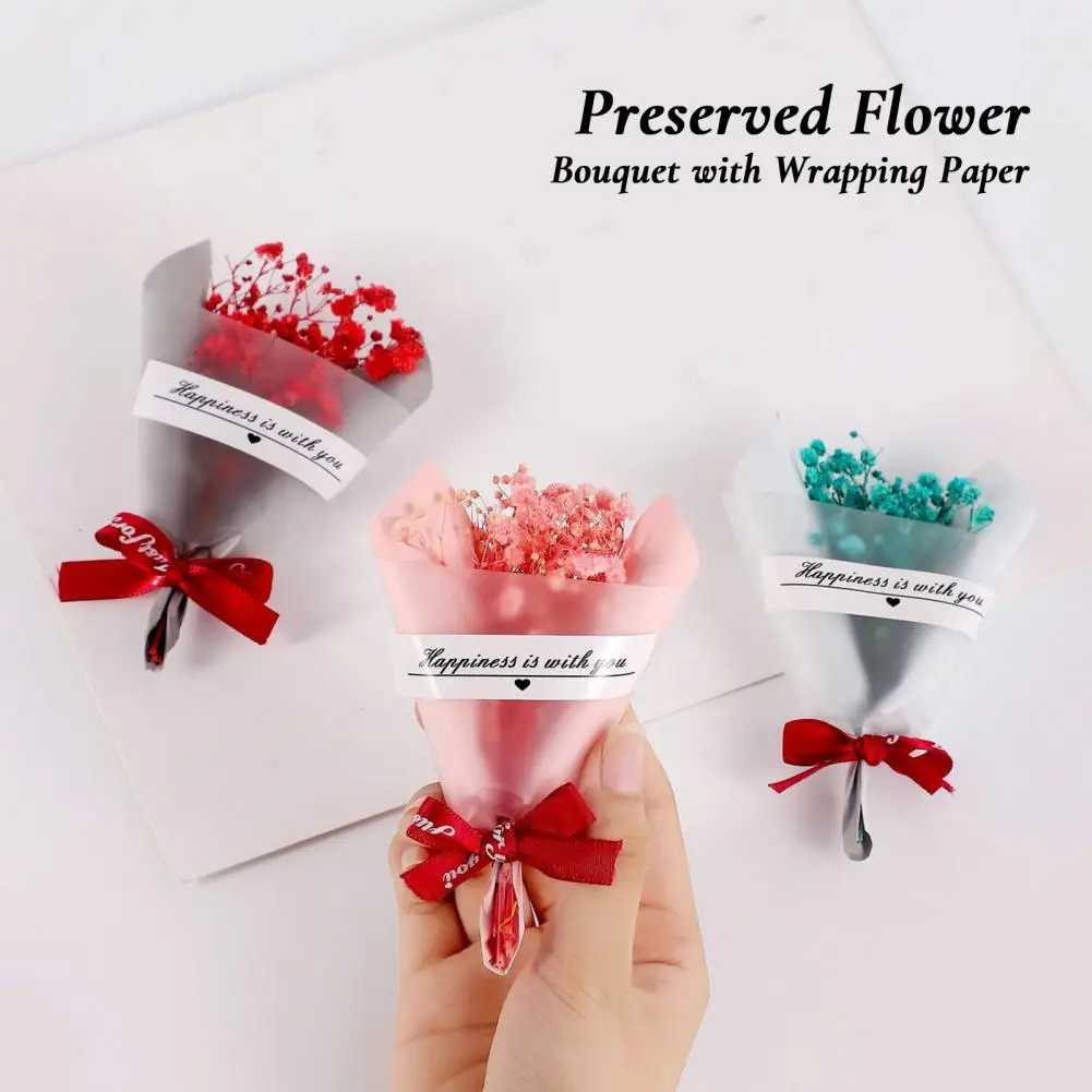 Mini Artificial Babysbreath with Wrapping Paper Bowknot Eternal Preserved Flower Bouquet Mother's Day Valentine' Day Gifts