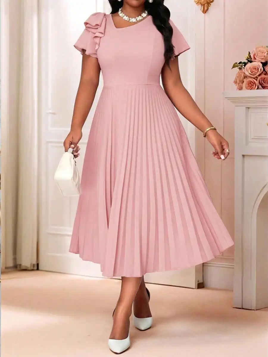 

Elegant Pleated Midi Dress With Ruffle Sleeve Casual Spring Summer Womens Dress