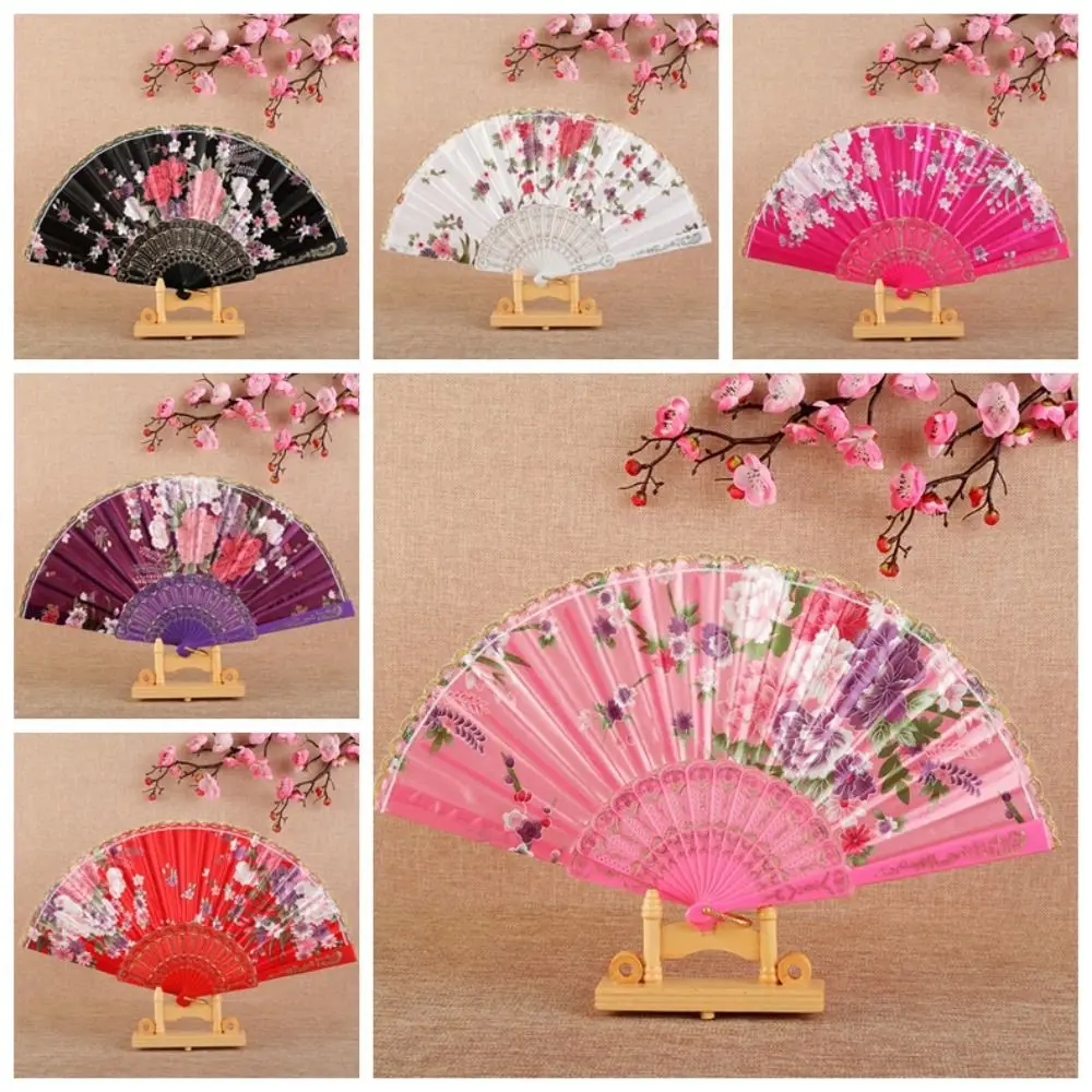 Elegent Plastic Folding Fan Chinese Style Silk Fabric Dance Fan Classical Vintage Style Hand Held Fan Desktop Ornaments