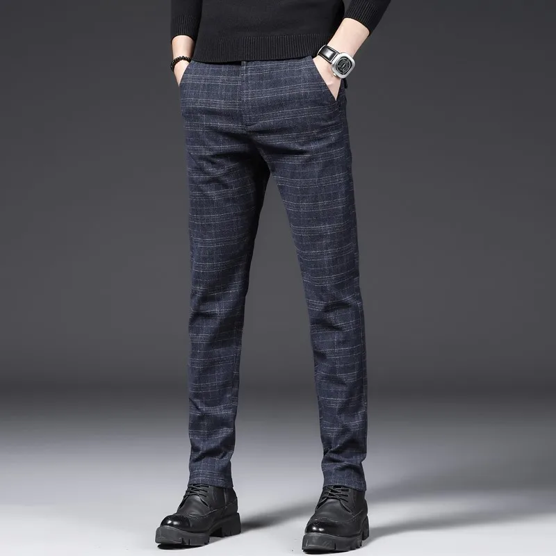 New Arrivals Men\'s Plaid Casual High-Quality Long Pants Straight Business Suit Pants Fashionable Brand Slim Fit Casual Elastic