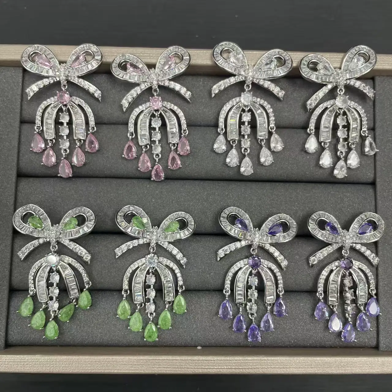 Bow Knot Dangle Earrings Zircon Multicolor Teardrop Tassel Drop Earrings Silver Color Luxury Statement Party Jewelry for Women