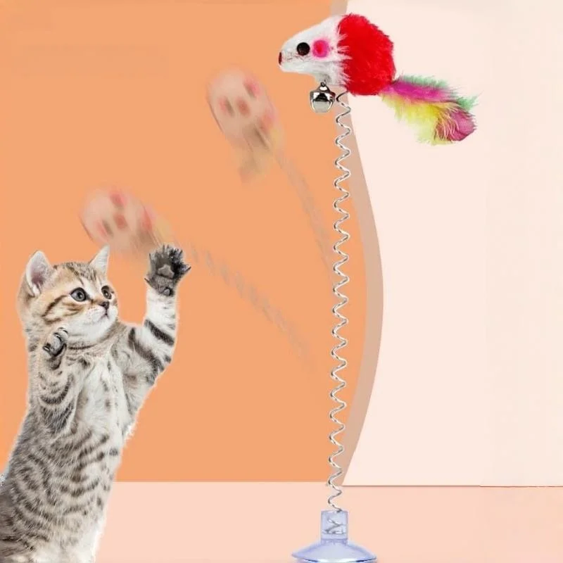 Interactive Swinging Mouse Toy with Suction Cup Spring & Feather Design Bell Sound Feature for Cats