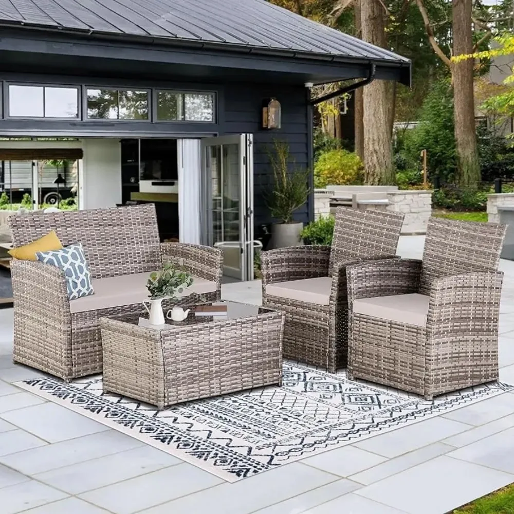 4 Piece Patio Furniture Set,Outdoor Wicker Sets, Rattan Sectional Sofa Coffee Table,Seat Cushions for Backyard, Garden Poolside