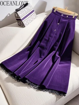 OCEANLOVE Women Skirts Lace Velvet Autumn Winter Solid Purple Vintage Faldas Mujer Korean Fashion A-line Elegant Long Skirt