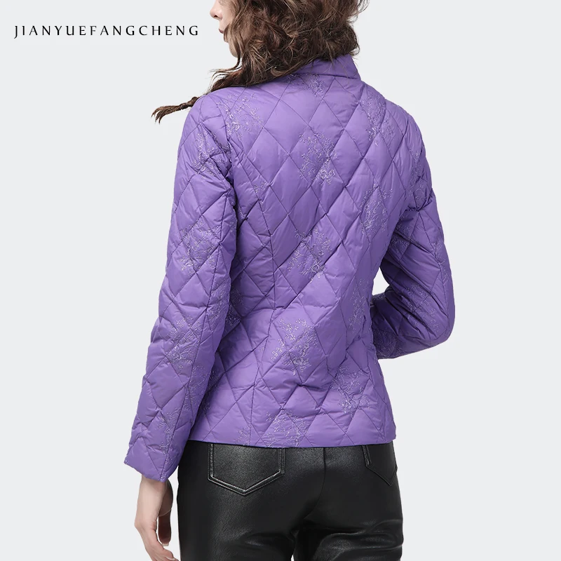 Women Vintage Disc Button Purple Embroidered Down Jacket Winter Warm Thicken White Duck Down Puffer Coat Elegant Slim Jackets