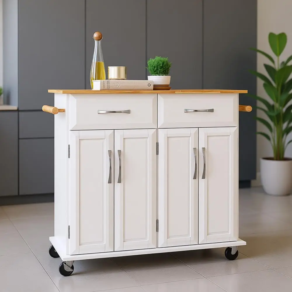 

Белая мобильная кухонная островная тележка с местом для хранения, 41,7 л x 18,5 В x 37 ч, 2 ящика и вешалки для полотенец