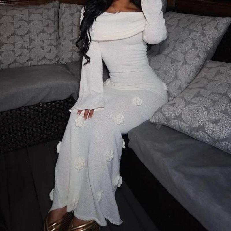 

Autumn and Winter Sexy Three-dimensional Flowers One-shoulder Knitted Women's Party Dress