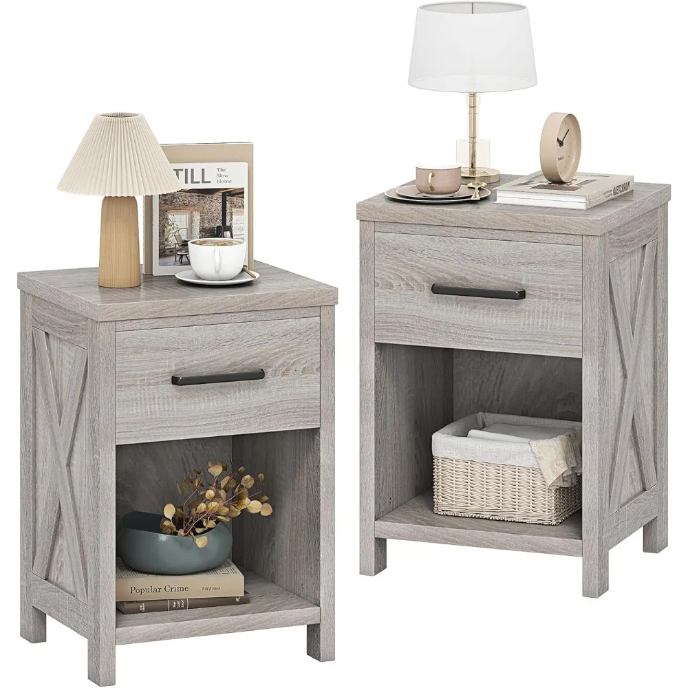 

Farmhouse Nightstand Set of 2, Wooden Bedside Table with Storage Drawer & Open Shelf, End Side Table, Rustic Night Stand