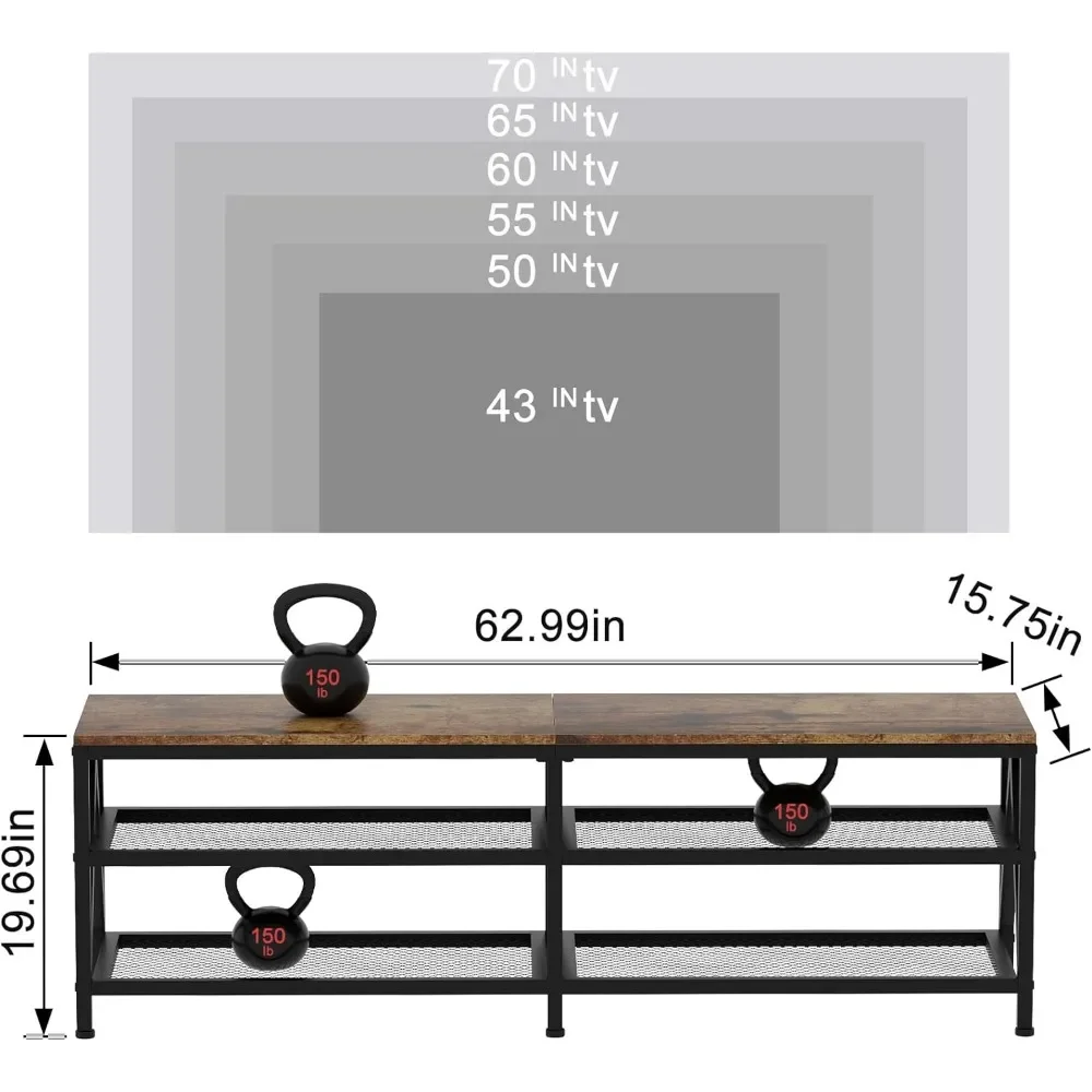 Wohnzimmer 70-Zoll-TV-Schrank mit 3 Ablage fächern, Entertainment-Center-TV-Konsolen tisch und industriellem TV-Metallrahmen