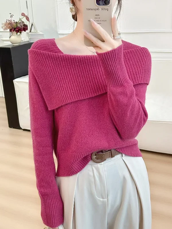 Autumn Winter Sweet Soft Shoulder Bared Knitted Sweater Women's  Color Slimming Pure Wool Long Sleeve Crew Neck Top