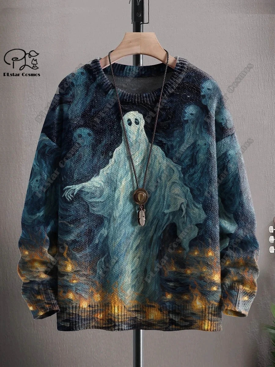 Sudadera con estampado 3D de la serie de Halloween, suéter feo con patrón de gato negro, fantasma de terror, esqueleto, bruja, calle, informal, W-1