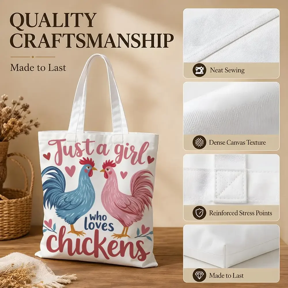 Just a Girl Who Loves Chickens Storage Bags Canvas Tote Bag Women Large Capacity Reusable Shopping Shoulder Bag Daily Handbag