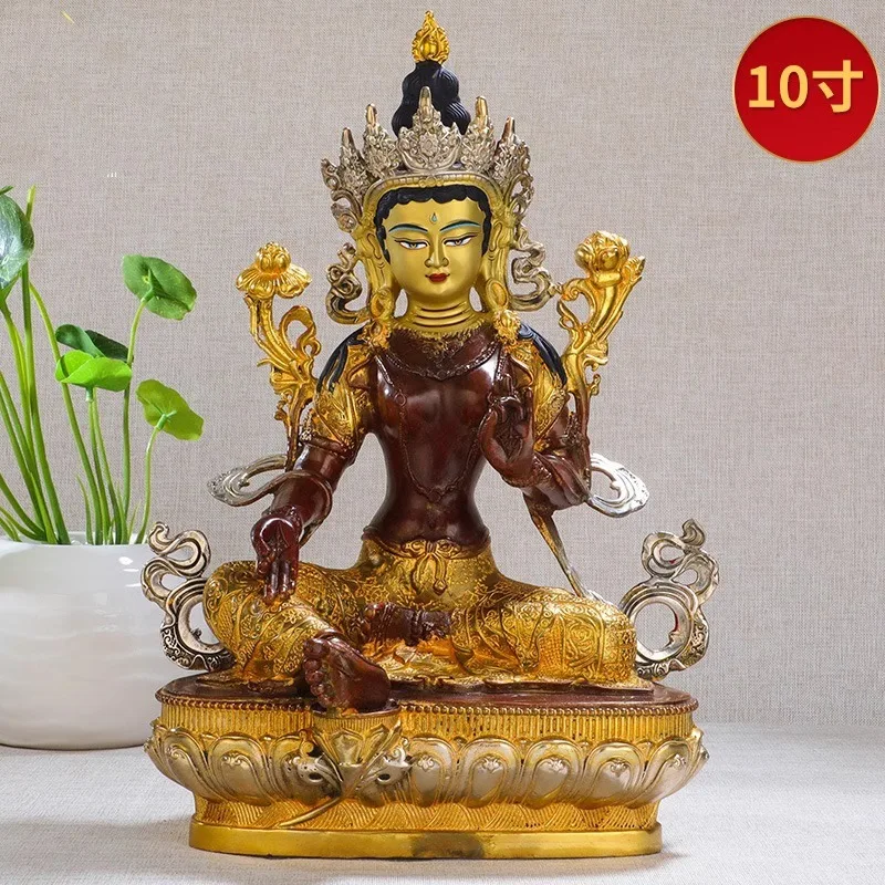 Fully gilded copper statue of the Green Tara, ethnic style Tibetan Tantric Buddhist statue for worship on the altar10Inch