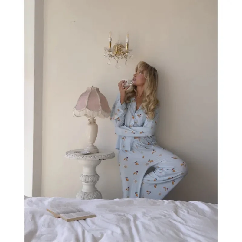 Women’s 2 Piece Pajama Set Long Sleeve Breakfast Print Pocket Shirt Pants Set Loungewear