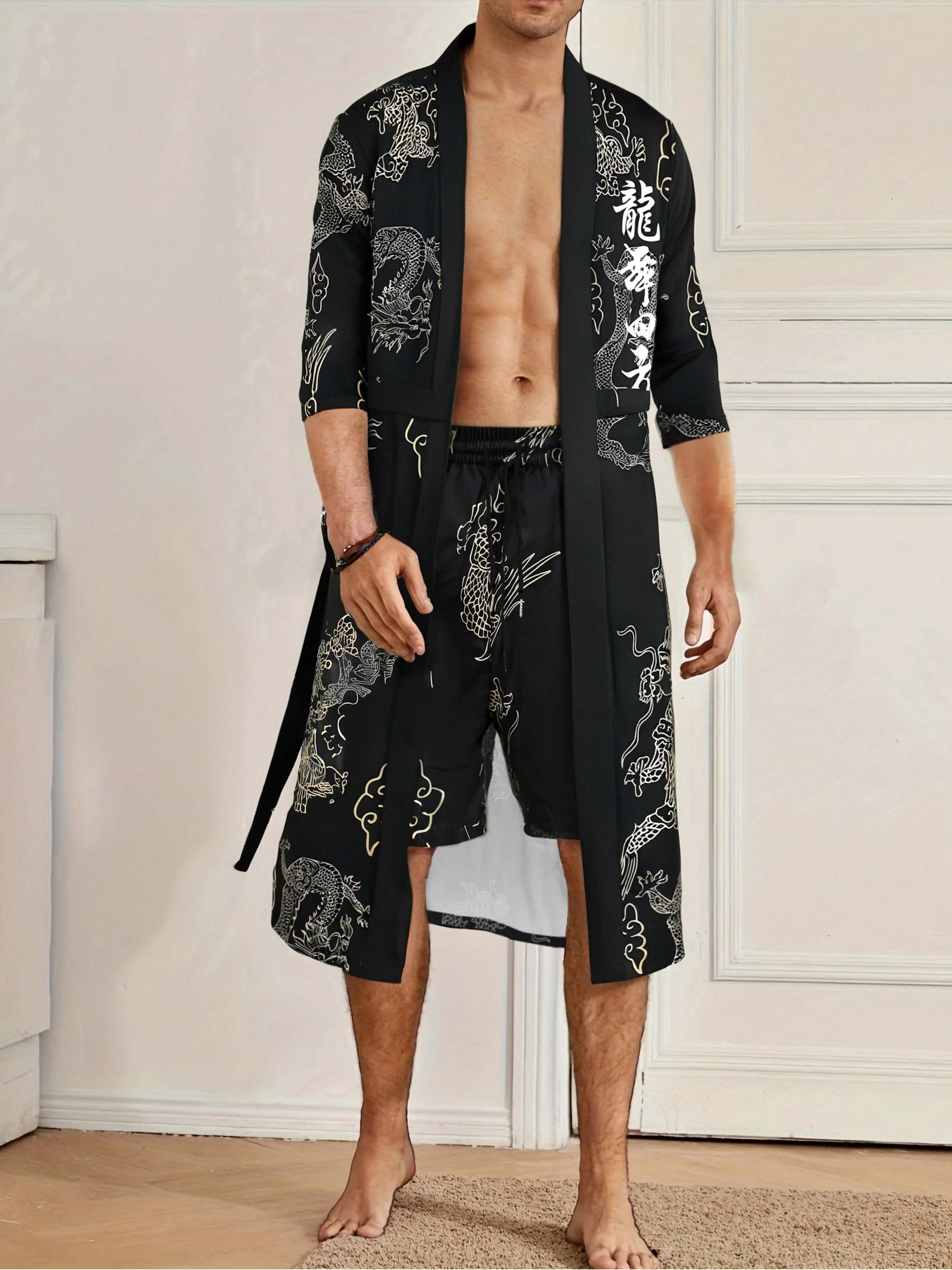 

Men's Chinese Style "Dragon Dance" Print Robe Set Black Open Front Belted Kimono & Shorts 2 Piece Streetwear