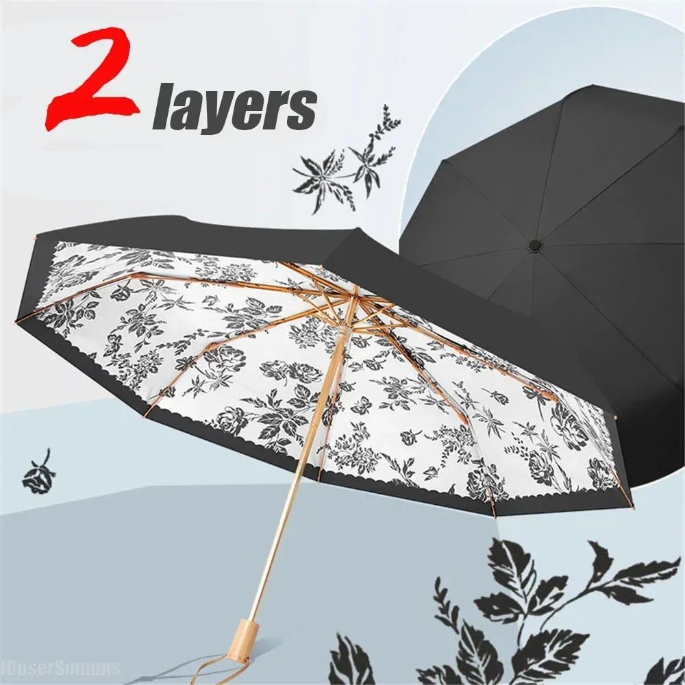 Ins 2 Layers European Foldable Luxury Black Creative Design Fashion Elegant Umbrella UV Parasol Sun Shade for Rainy Travel Women