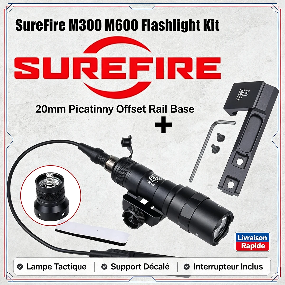 SureFire M300C/M600B Tactical Flashlight Set,20mm Picatinny Rail Offset Side Mount with Remote Switch,Hunting Airsof Scout Light