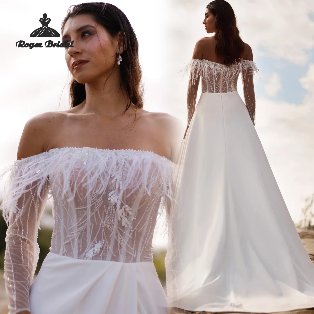 Feathers Elegant A Line Wedding Dresses 2027 Sequin Off The Shoulder Sheer Tulle Bridal Gown Customized Vestido De Novia