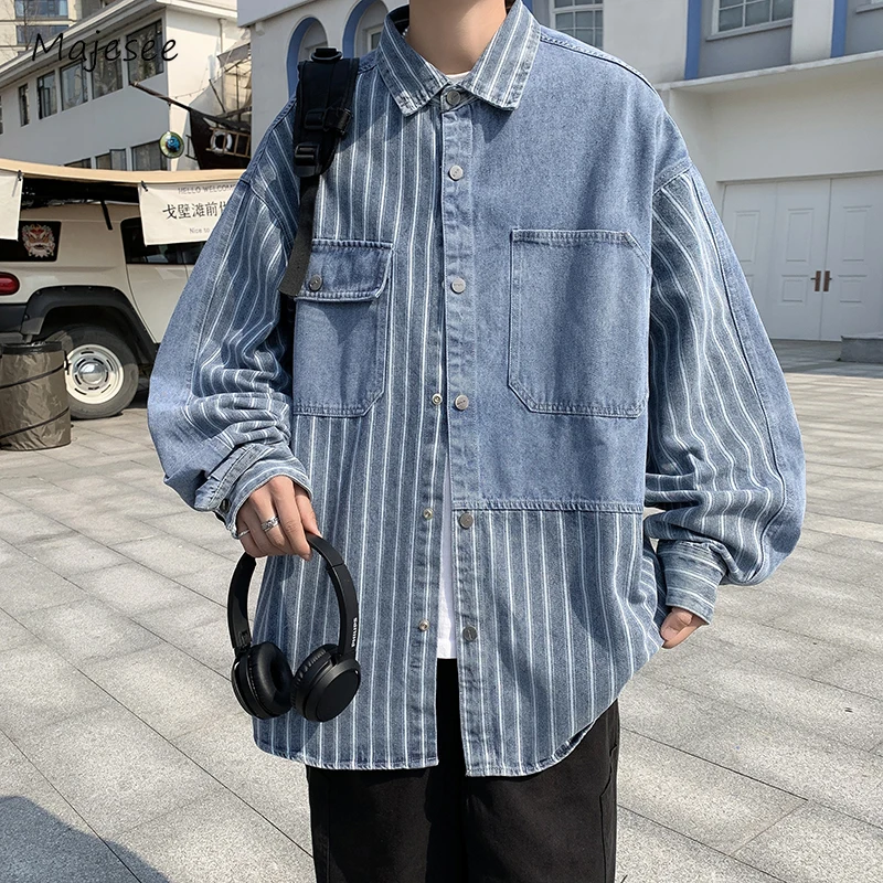 

Striped Denim Jackets Men Asymmetrical Baggy Japanese Style Temperament Washed Spring Autumn Fitness Daily Fashion Vintage Ins