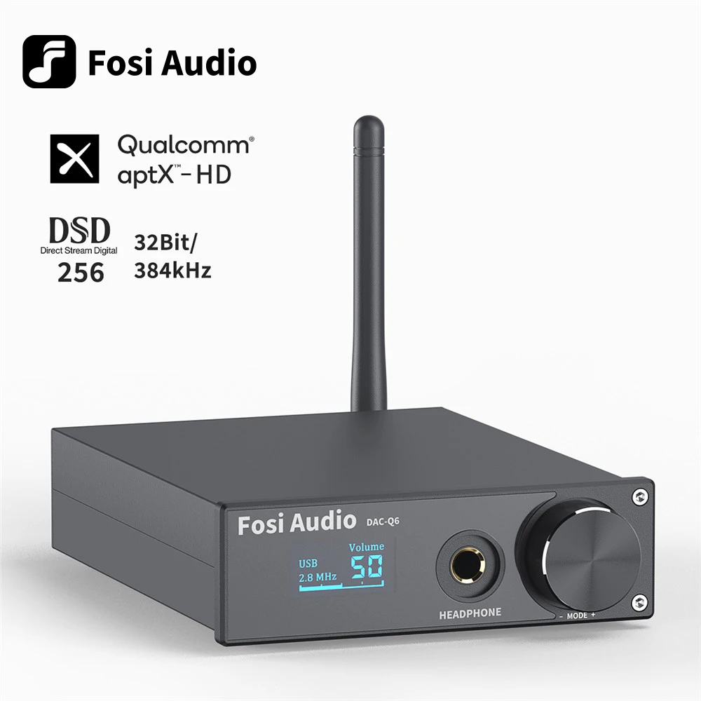 

Fosi Audio Q6 USB DAC DSD256 PCM 32Bit/384kHz XMOS XU208, Headphone Amplifier Bluetooth 5.0 aptX HD CSR8675 ESS9018K2M Audio