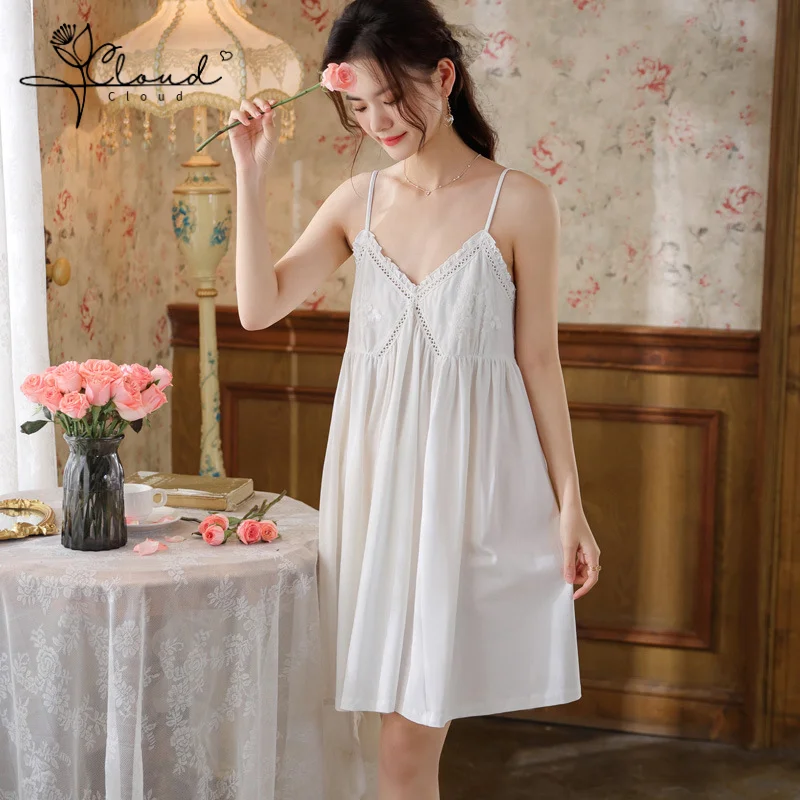 

Women's summer sexy lace long sleepwear with suspender and padded chest, can be worn externally on home clothes cotton