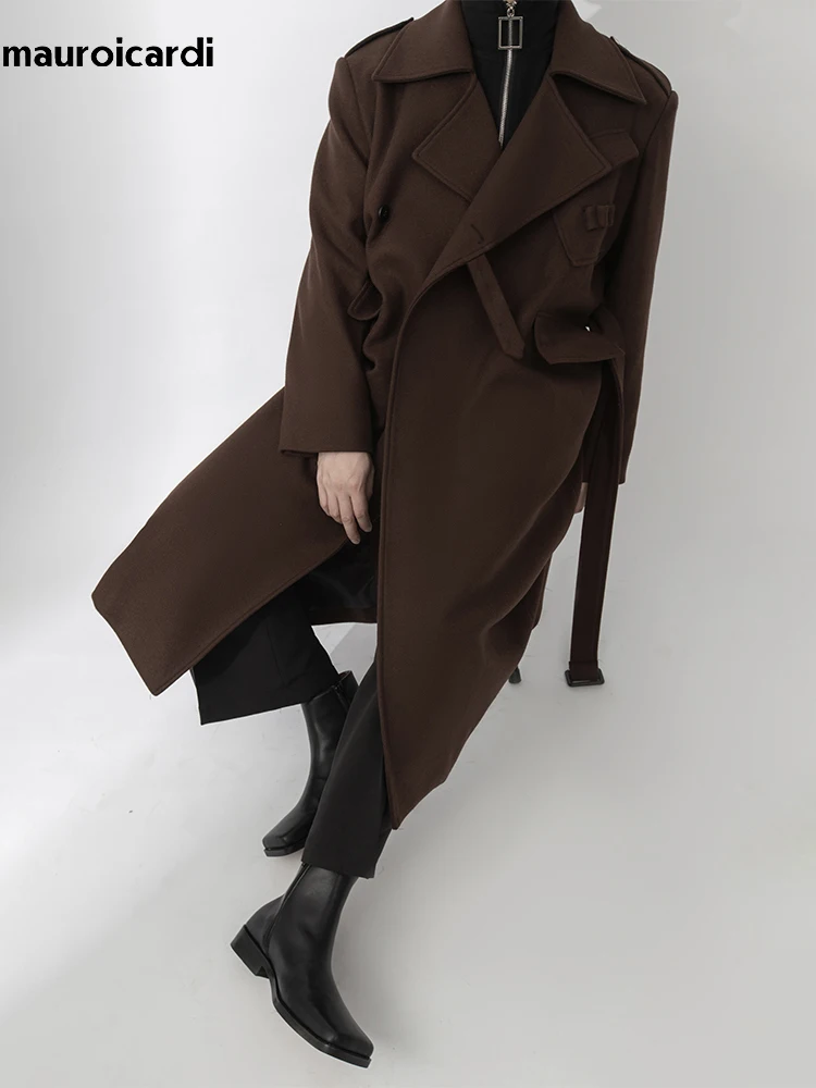 Mauroicardi Autumn Winter Cool Elegant Long Warm Black Woolen Trench Coat Men Belt Luxury Designer Clothes Wool Blends Overcoat