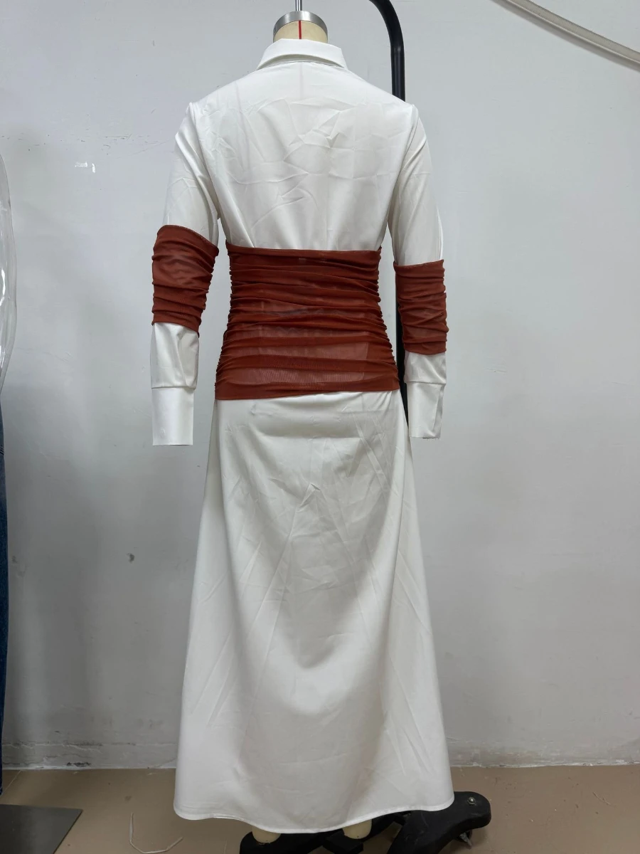 TWOTWINSTYLE Pendler Stil Split Maxi Kleid für Frauen Revers Langarm Patchwork Bandage Abnehmen Hemd Kleider Weibliche Mode