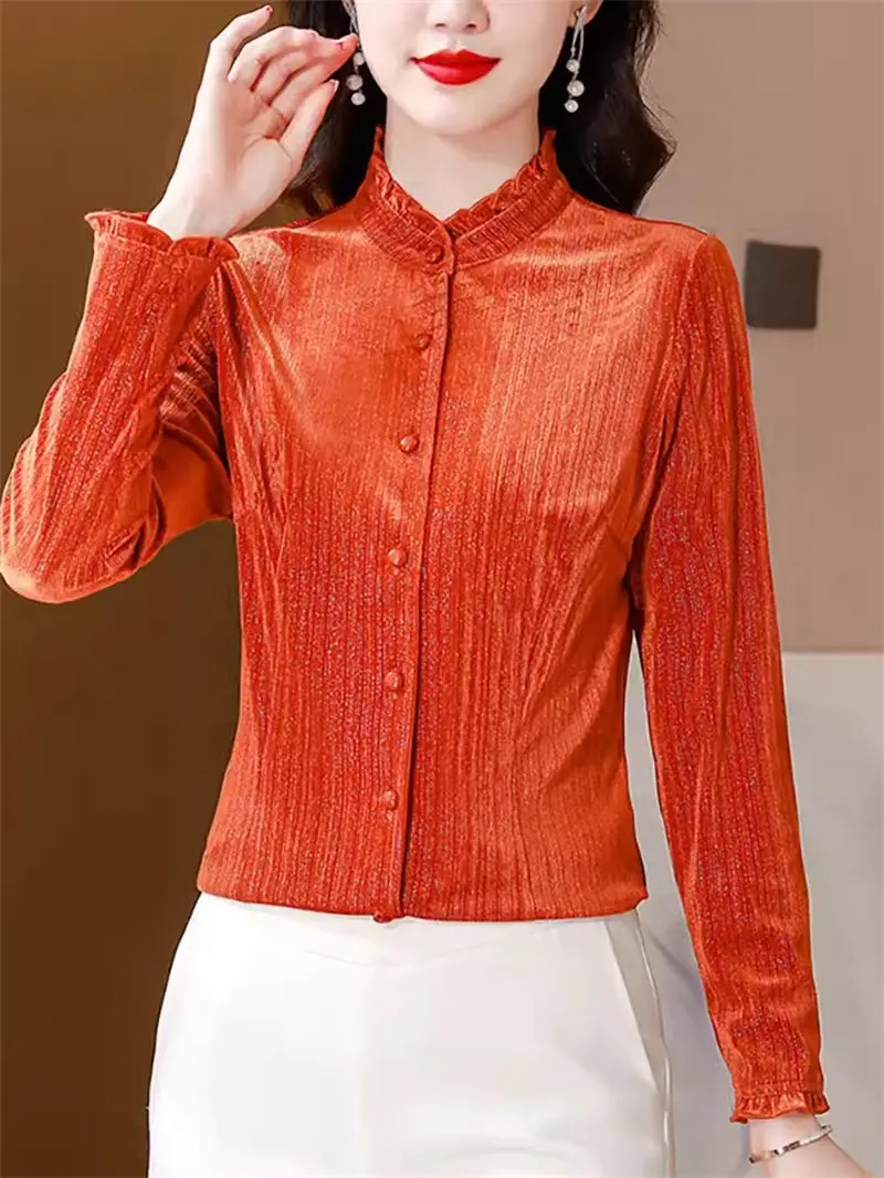 

Retro 2024 Spring And Autumn New Fashionable Women's Velvet Top Long Sleeved Stand Up Neck Versatile Slim Shirt K156