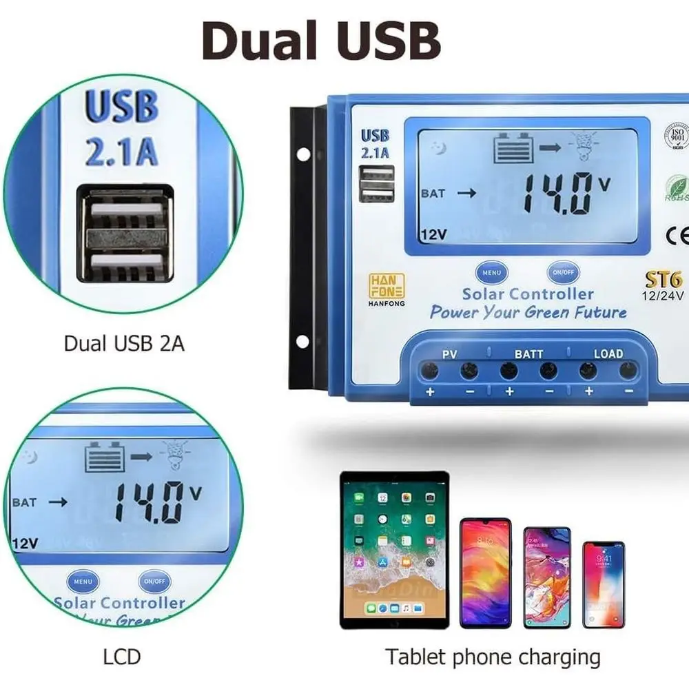 60A Solar Charge Controller 12V/24V Automatic Voltage Recognition Solar Panel Charging Discharge Regulator with Dual 5V USB Outp view 6