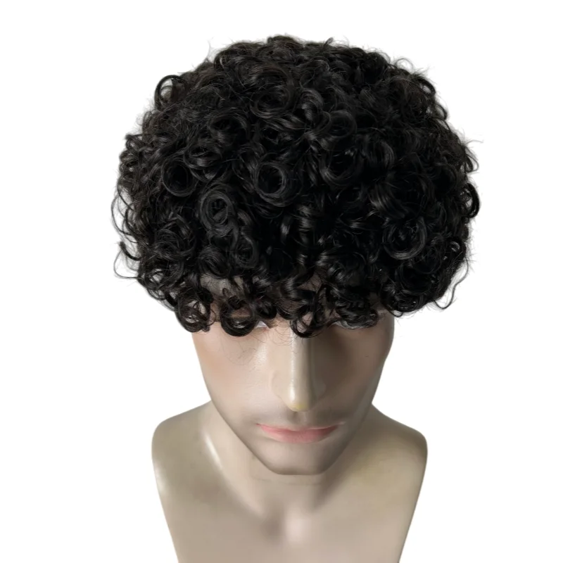 Postizos de cabello humano virgen malasio # 1B Peluquín de piel anudado negro con rizo de 20 mm y 8 x 10 para hombres asiáticos