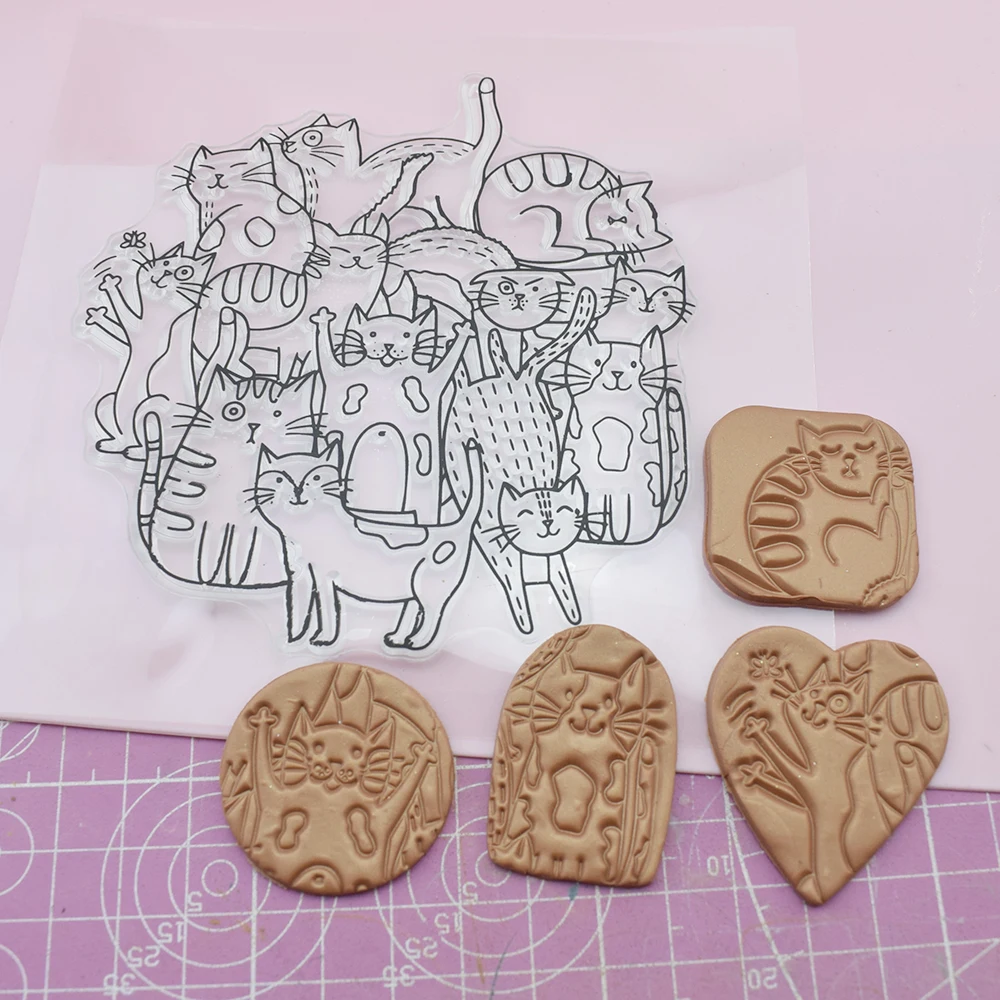 Cute Cat Polymer Clay Texture Stamp Sheets Emboss Mat for Design DIY Clay Jewelry Individual Impression Clay Cutter